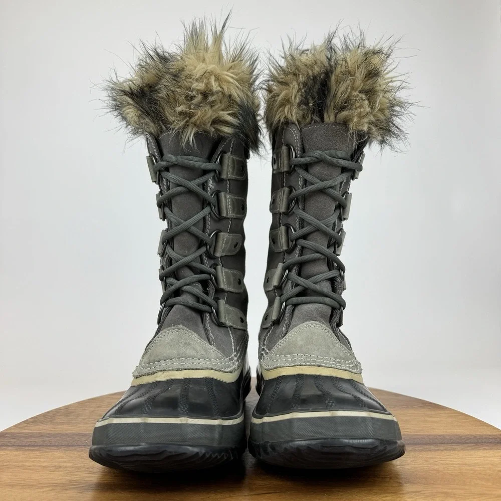Womens Sorel Joan of Arctic Faux Fur Gray Leather Waterproof Snow Boots Size 7 M